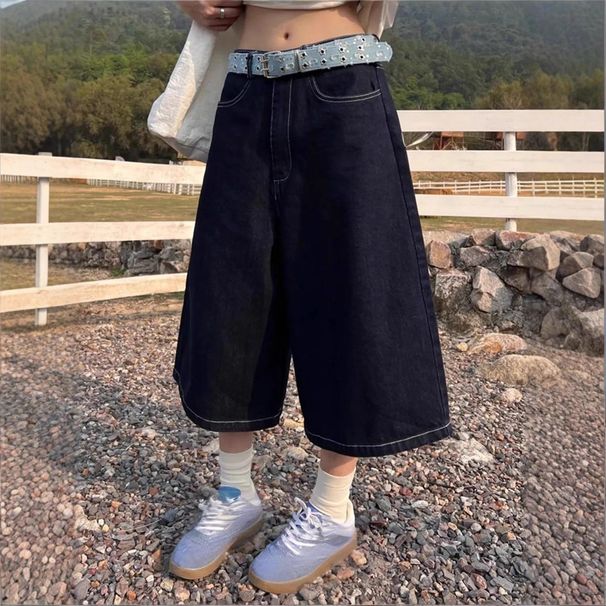 Women's Clothing Women's Korean Cow Trendy Wide Leg Cropped Jeans Washed Retro Old Blue Embroidered Loose Fit Denim_mkmklike.com