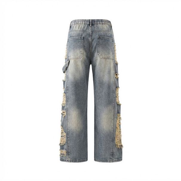 Men's Cleanfit Distressed Ripped Jeans, Baggy Bootcut Trousers With Destroyed Details For Summer High Street Style_mkmklike.com