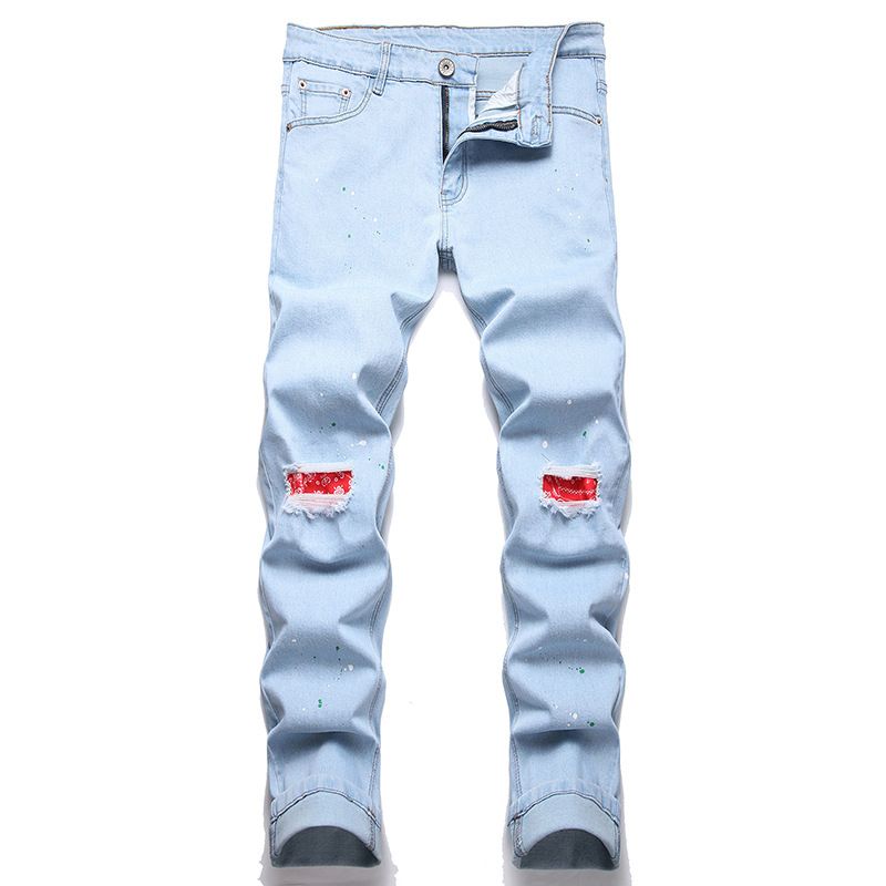 2024 Cross-Border Supply New Elastic Knee Patch Distressed Personalized Dot Paint Jeans For Men European And American_mkmklike.com