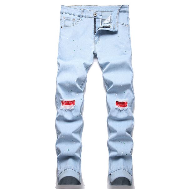 2024 Cross-Border Supply New Elastic Knee Patch Distressed Personalized Dot Paint Jeans For Men European And American_mkmklike.com