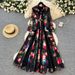 Women's Clothing New Fashion Elegant Retro Lapel Long Sleeve Waist Lace Stitching Print Long Skirt_mkmklike.com