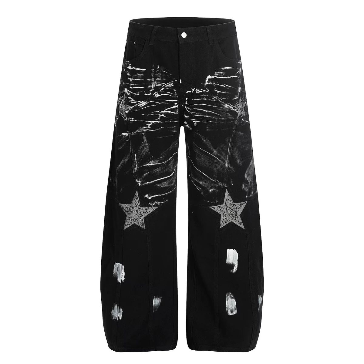 Men's Distressed Punk Wide Leg Jeans With Star Rhinestones - Vintage Washed Denim Pants For Streetwear & Casual_mkmklike.com