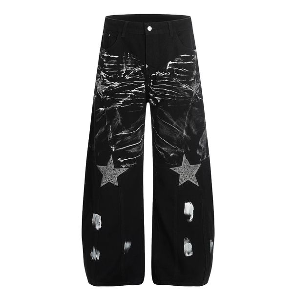 Men's Distressed Punk Wide Leg Jeans With Star Rhinestones - Vintage Washed Denim Pants For Streetwear & Casual_mkmklike.com