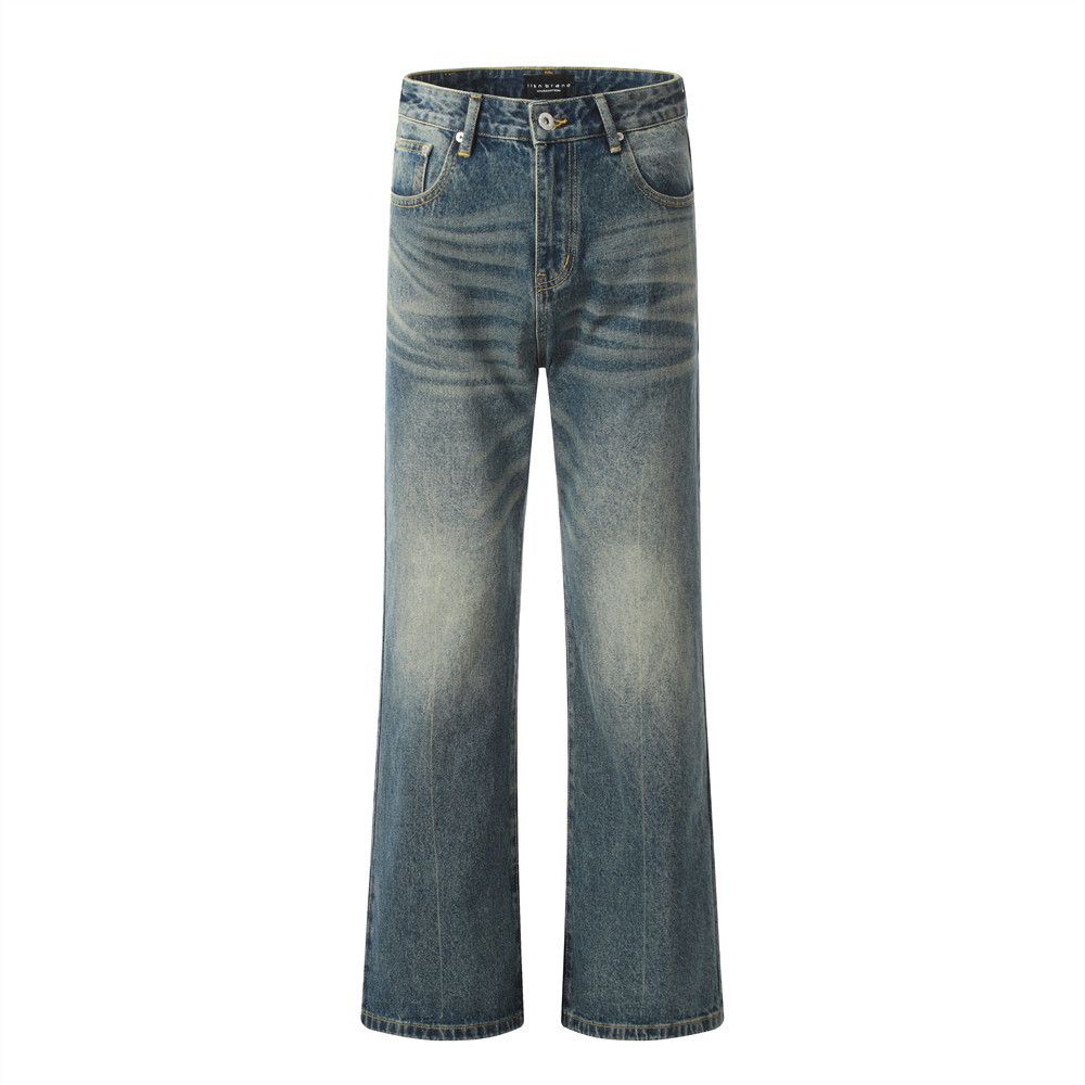 Distressed Washed Denim American High Street Punk Ins Loose Casual Wide Leg Men's Flared Pants_mkmklike.com