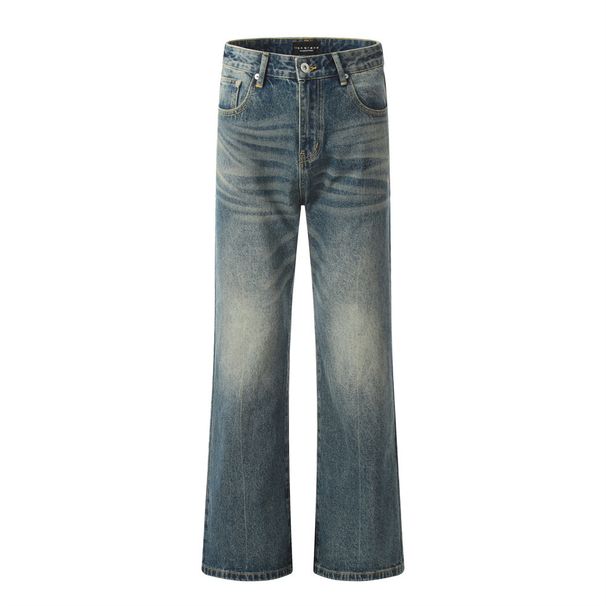 Distressed Washed Denim American High Street Punk Ins Loose Casual Wide Leg Men's Flared Pants_mkmklike.com