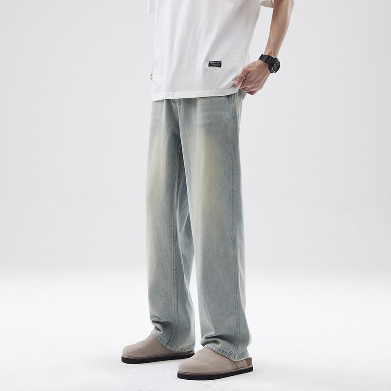 Men's Retro Light Washed Distressed Jeans Cleanfit Straight Leg Loose Wide Leg Pants Archer0603 American Style_mkmklike.com