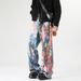 "3D Printed Rainbow Splatter Paint Straight Leg Jeans For Men & Women - High Waist Loose Fit Denim Pants With Artistic Wash"_mkmklike.com