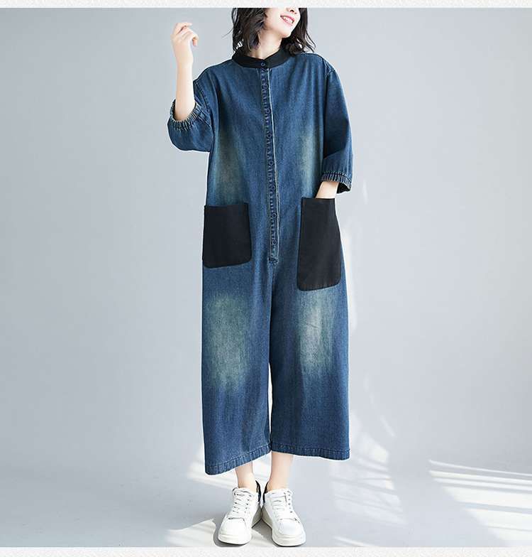 K Cowboy Jumpsuit, Women's Wide Leg Pants, Retro Personality, Oversized Patch Fabric, Large Pocket Jumpsuit_mkmklike.com