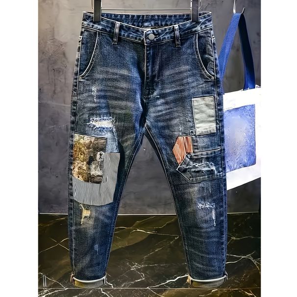Men's Retro Patchwork Jeans – Distressed Loose Fit Denim Pants With Bear & Random Patches | Edgy Streetwear Style_mkmklike.com