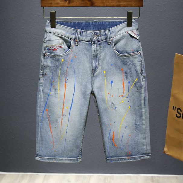 Men's Retro Distressed Denim Shorts Trendy Brand Colorful Splatter Paint Summer Thin Stretch Five Point Pants_mkmklike.com