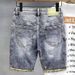 Men's Clothing Summer Thin Ripped Patch Denim Shorts Korean Style Slim Fit Stretchy Trendy Print Versatile Five Point_mkmklike.com
