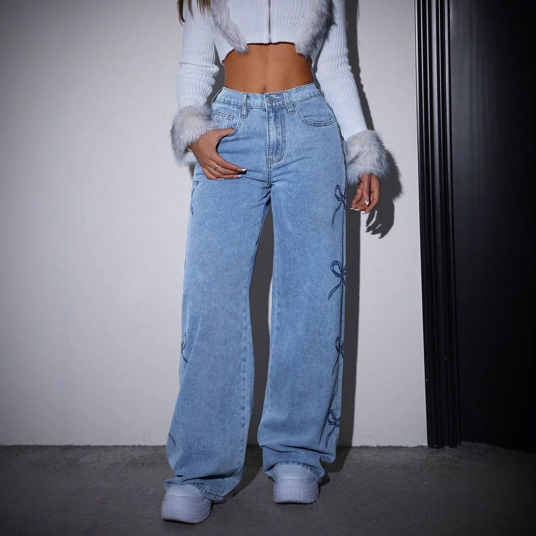 Trendy High-Waisted Butterfly Print Denim Jeans For Women - Vintage Washed Stretch Comfort Fit Straight Leg Casual Pants_mkmklike.com