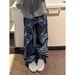 Streetwear Letter Print Jeans – Oversized Straight-Leg Denim Pants For Men (S-3XL, Vintage Dark Wash & Full-Length Typography)_mkmklike.com