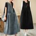 Washed Ground White Sleeveless Denim Dress With Double Pockets Round Neck Vest Skirt, Loose And Belly Covering Long_mkmklike.com