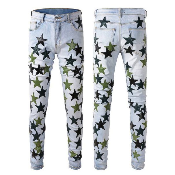 Men's Clothing Ripped With Green Star Slim Fit Distressed Jeans With Green Star Patches - High Street Fashion, Stretch Denim, Comfortable & Stylish_mkmklike.com
