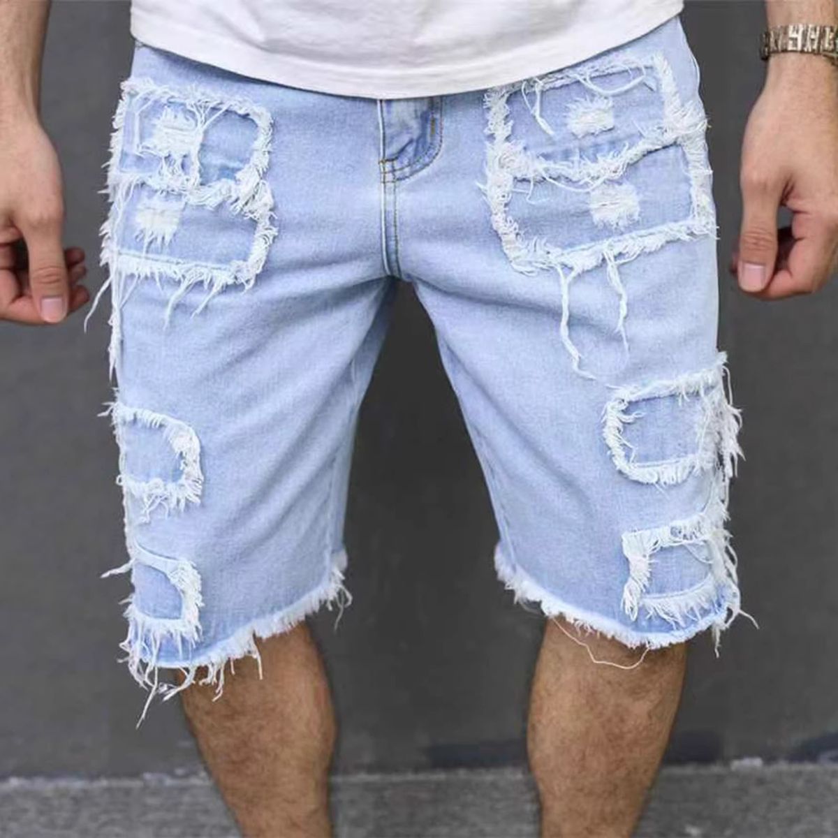 Men's Classic Fit Distressed Denim Shorts – Summer Ripped Casual Shorts With Vintage Wash, Straight Leg & Raw Hem_mkmklike.com