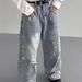 Vintage Washed Wide-Leg Jeans For Women – 90s Retro High-Waisted Flared Pants With Distressed Details ( Oversized Fit, Blue Denim)_mkmklike.com