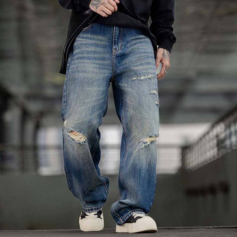 Men's Clothing Heavyweight Distressed Washed Ripped Jeans Streetwear Retro Style Straight Leg Casual Pants_mkmklike.com
