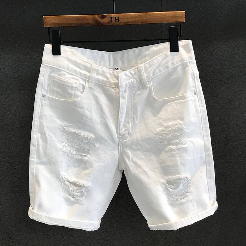 Men's Clothing Version Street Fashion White Ripped Denim Shorts Men's Casual Trend Summer Scratched Beggar Five Points_mkmklike.com