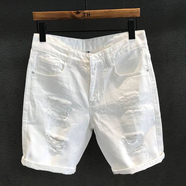 Men's Clothing Version Street Fashion White Ripped Denim Shorts Men's Casual Trend Summer Scratched Beggar Five Points_mkmklike.com