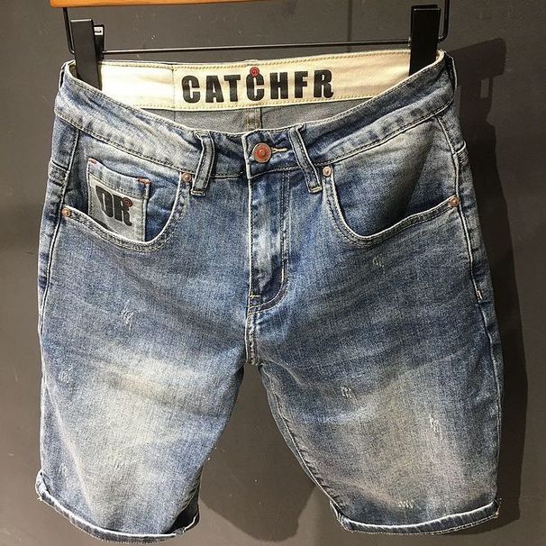 Men's Washed Blue Whiskered Denim Shorts Trendy Brand Slim Fit Casual Five Point Pants Slightly Stretchy Style_mkmklike.com