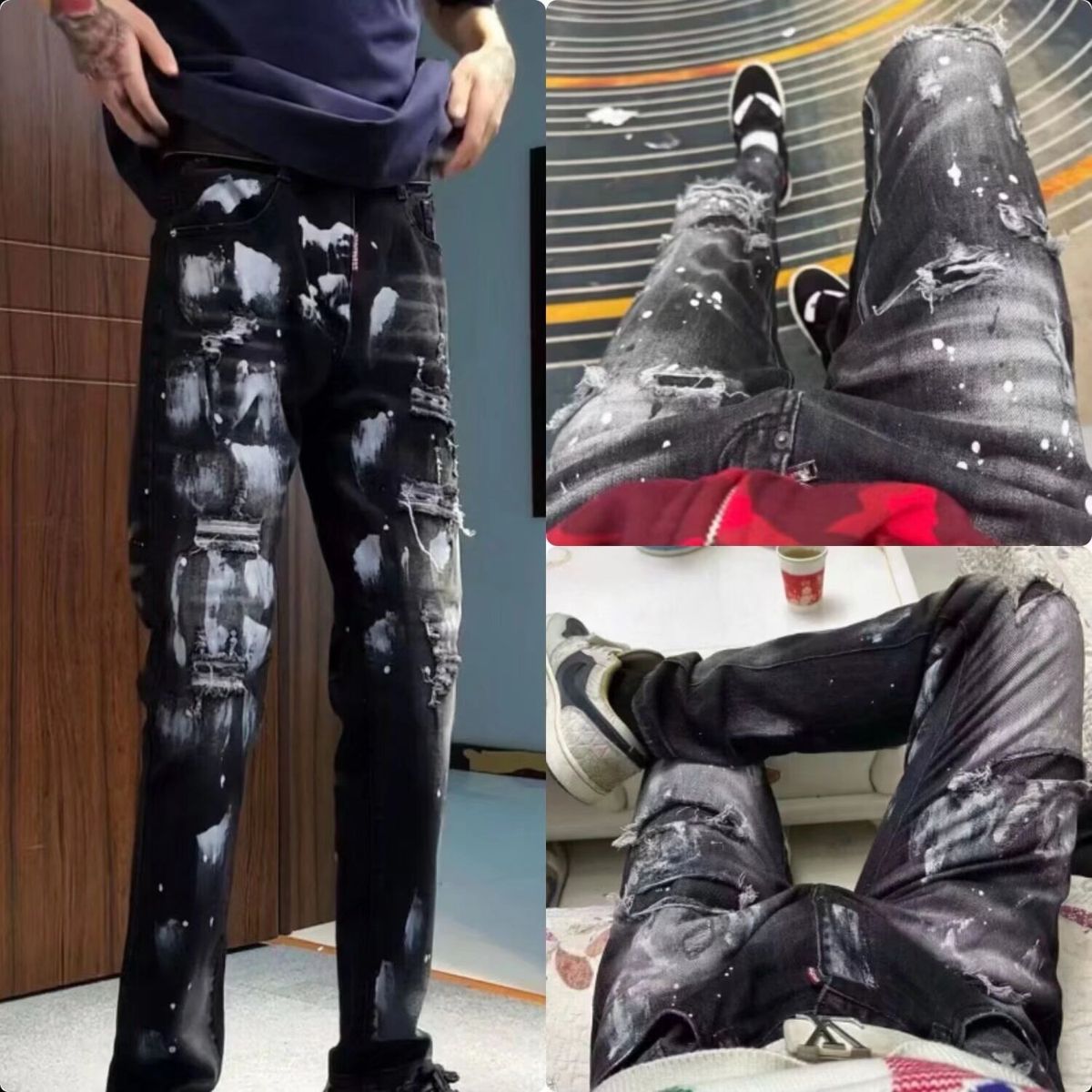 Men's Clothing Ink Splash Graffiti Hole Distressed Graffiti Jeans – Slim Fit Stretch Denim Pants With Splatter Paint & Ripped Details (S-3XL)_mkmklike.com