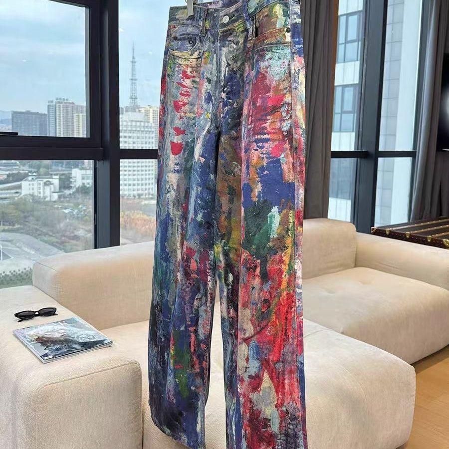Men's Clothing Print Paint Painted Loose Men's And Women's Canvas Jeans Cool Trend_mkmklike.com