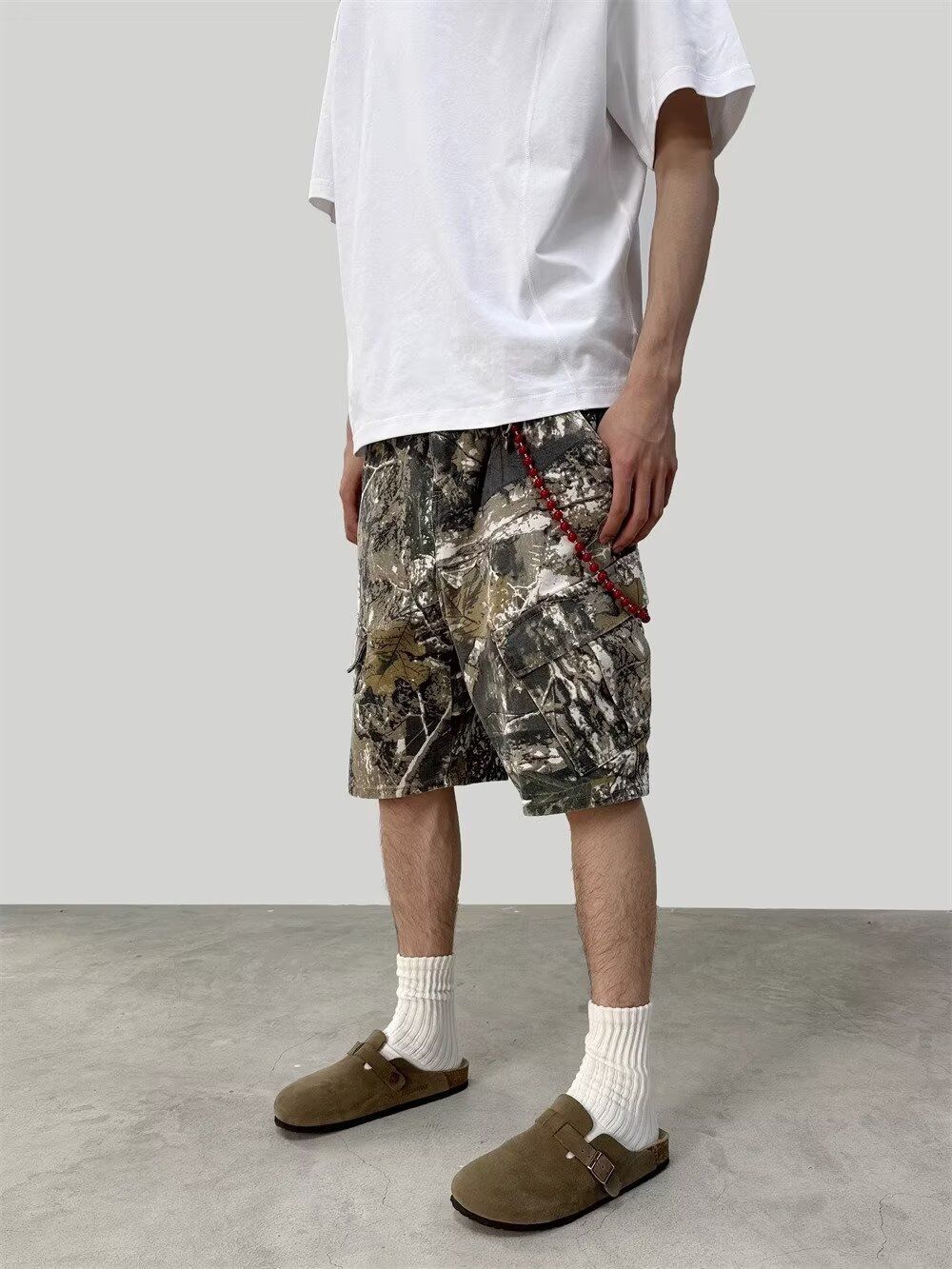 2025 Summer New American Style Leaf Camouflage Shorts Vintage Look Construction Worker Seven-point Pants Unisex_mkmklike.com