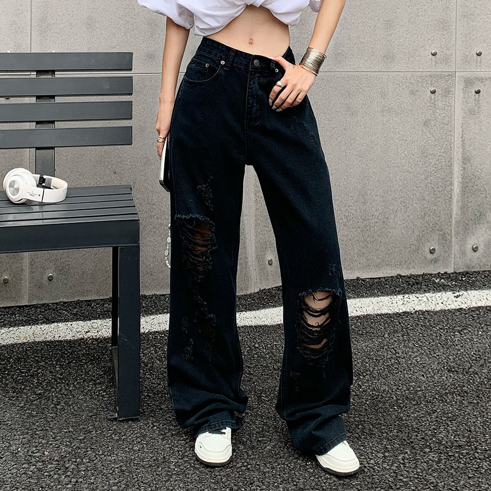 American Style Distressed Frayed Washed Denim Unisex High Street Trend Casual Loose Vintage Straight Pants_mkmklike.com