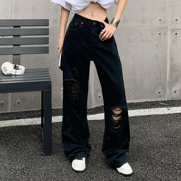 American Style Distressed Frayed Washed Denim Unisex High Street Trend Casual Loose Vintage Straight Pants_mkmklike.com