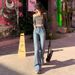 Retro Blue Jeans For Women, 2025 Early Autumn New Style, High-Waisted, Loose Fit, Non-Tight-Fitting, Stretchy Flared_mkmklike.com