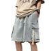Men's Workwear Denim Shorts - Summer Casual Loose Fit Mid-Length Cargo Shorts With Drawstring Waist, Washed Cotton Fabric For Teen Boys & Young Adults_mkmklike.com
