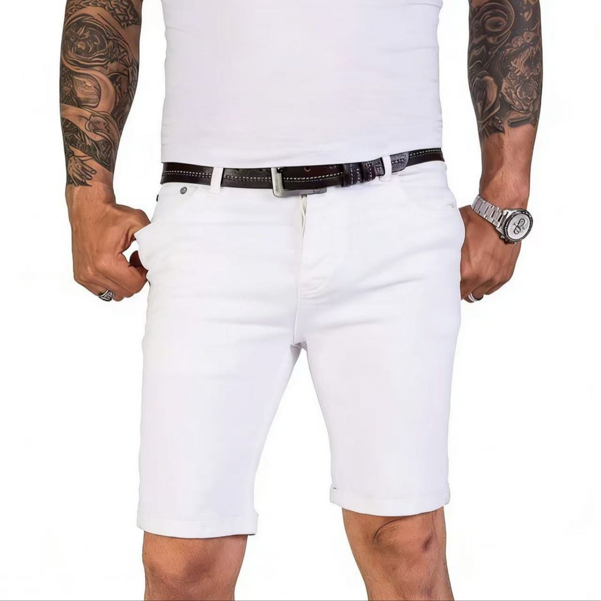 Men's White Denim Shorts Simple Stylish Business-Like Summer Wear_mkmklike.com