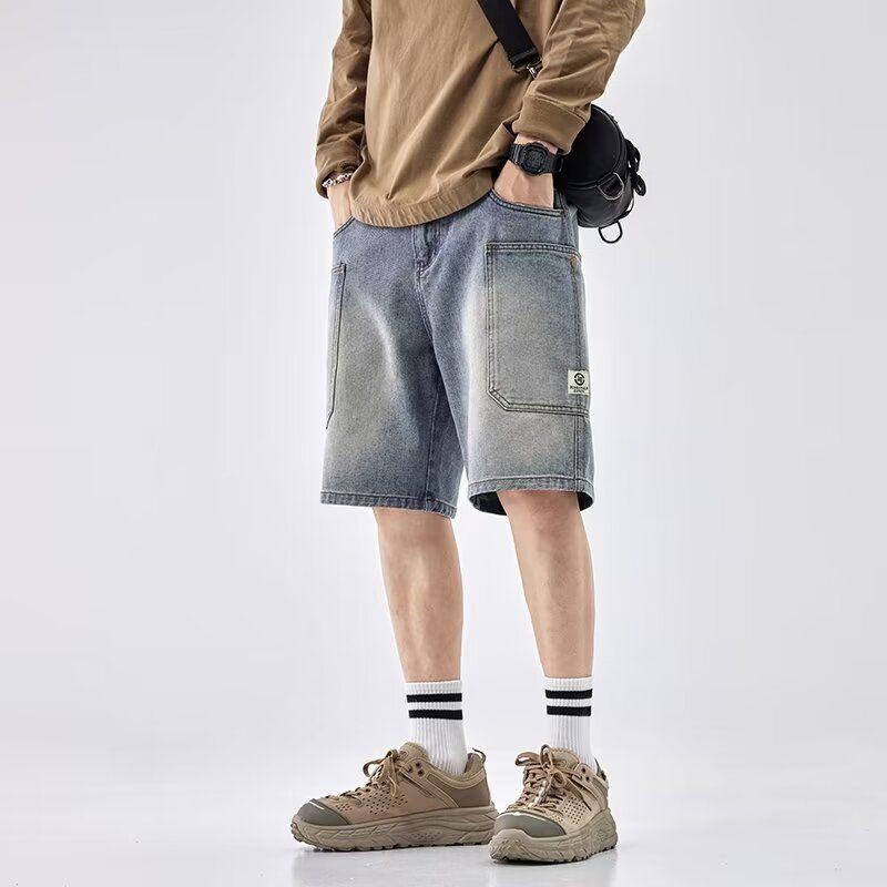 Men's Clothing Workwear Denim Shorts Men's High Street Fashion Straight Leg Fall Feeling Large Pocket Wide Leg Retro Cropped Trousers_mkmklike.com