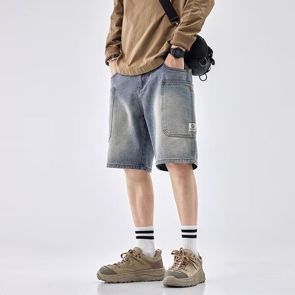Men's Clothing Workwear Denim Shorts Men's High Street Fashion Straight Leg Fall Feeling Large Pocket Wide Leg Retro Cropped Trousers_mkmklike.com