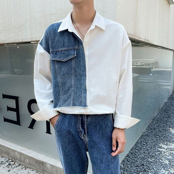 Men's Clothing Spring And Autumn New Long Sleeve Shirt Casual Loose Small Design Contrast Color Splicing Denim Shirt_mkmklike.com