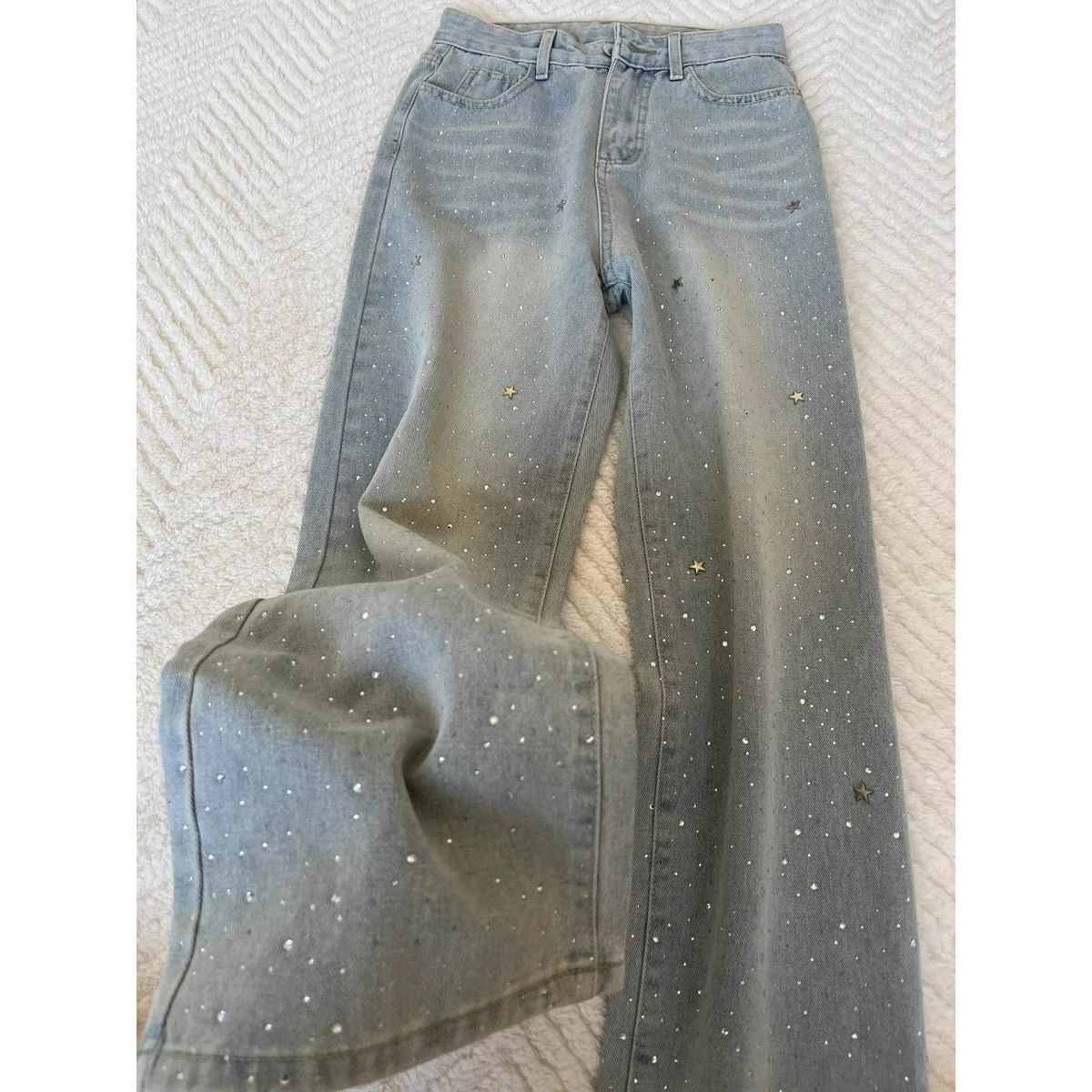 Women's Light Blue Sparkle Straight Leg Jeans - High Waist Loose Fit Stretchy Comfort Pants For Plus Size_mkmklike.com
