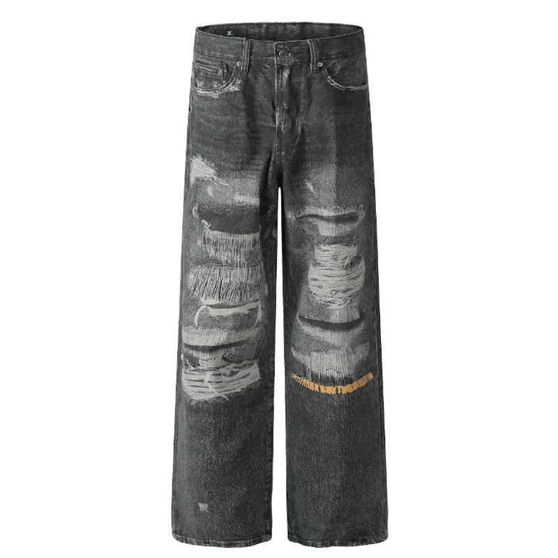 Men's High Street Vintage Washed Distressed Straight Leg Jeans With 3D Print, Loose Fit, Retro Denim Pants For Casual Wear_mkmklike.com