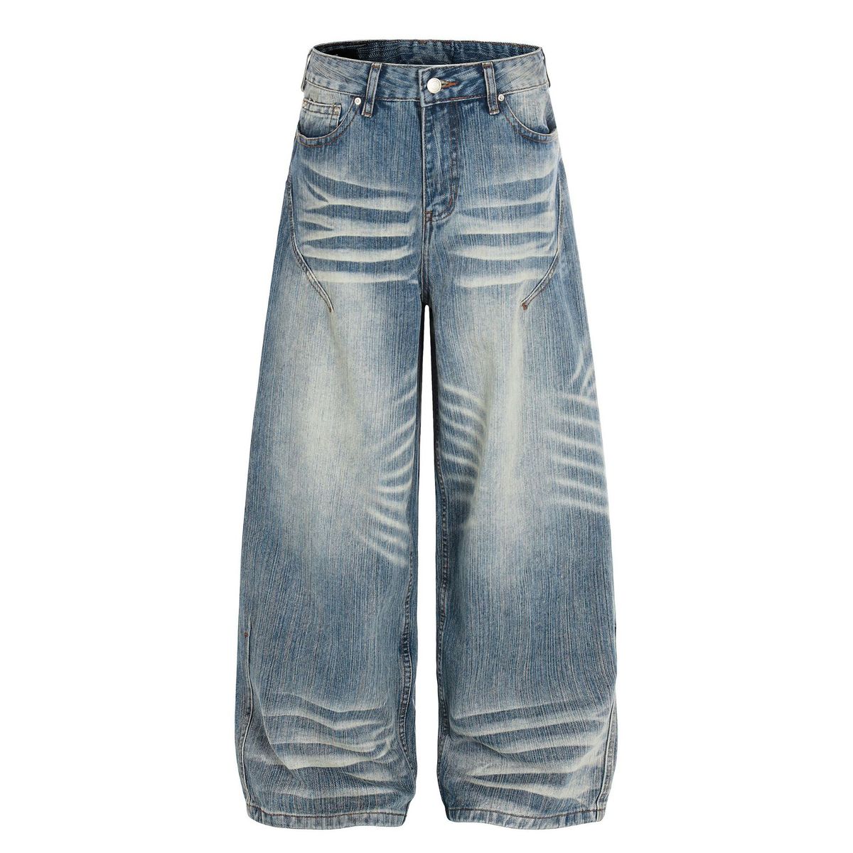 Unisex High Street Distressed Wide-Leg Bootcut Denim Pants Vintage Washed Cotton Blend Blue Jeans for Men Women S-XL_mkmklike.com