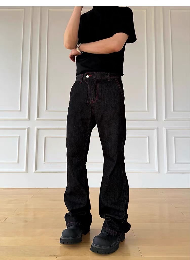 Vintage-Inspired Black Flared Denim Jeans For Men - Classic Clean Fit, Mid-Rise, Cotton Stretch, Retro Style_mkmklike.com
