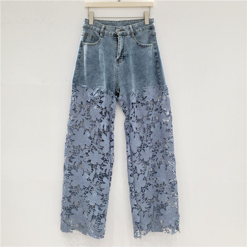 Women's Clothing Designer Lace Stitching Niche Jeans Summer New Straight Slim Retro Style Casual Trousers_mkmklike.com
