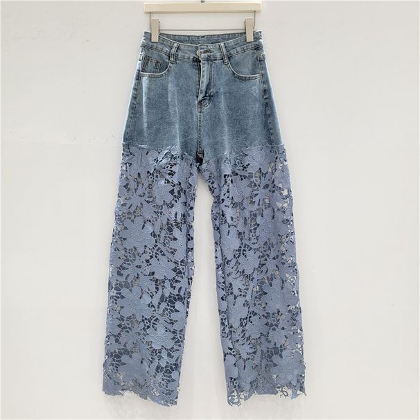 Women's Clothing Designer Lace Stitching Niche Jeans Summer New Straight Slim Retro Style Casual Trousers_mkmklike.com