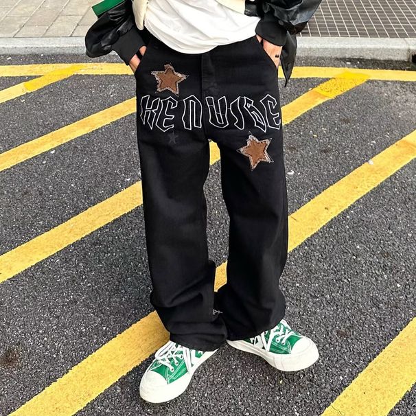 Men's Loose Fit Star Embroidered Jeans – Retro Streetwear Straight Leg Denim Pants (Mid-Rise, Washed Effect, Non-Stretch)_mkmklike.com