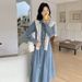ELLE Blue Retro Hong Kong Style Denim For Women, New Autumn Collection, Super Beautiful Waist-Cinching Youthful Shirt Long_mkmklike.com
