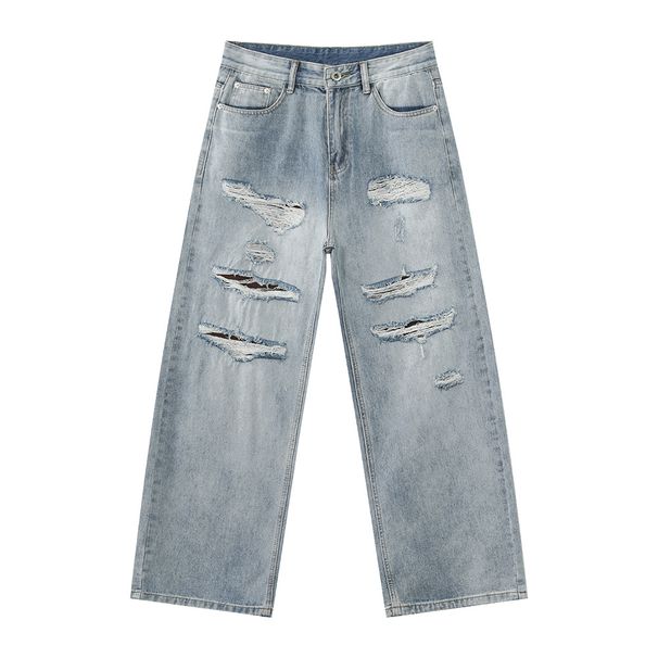 Men's Distressed Vintage Blue Jeans – Relaxed Straight-Leg Ripped Denim With Raw Hem & Grunge Aesthetic (S-XL, Mid-Rise, Zip Fly)_mkmklike.com