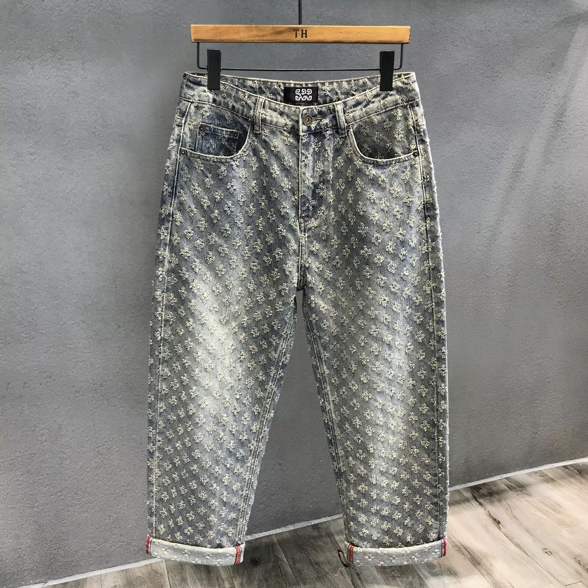 Pulse European And American Foreign Trade High Street INS Brand Jacquard Full Print Design Sense Jeans Men Loose Wide-Leg_mkmklike.com