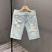 Light Blue Ripped Denim Shorts for Men Trendy Slim Fit Mid-Length Summer Trend Youth Pants_mkmklike.com
