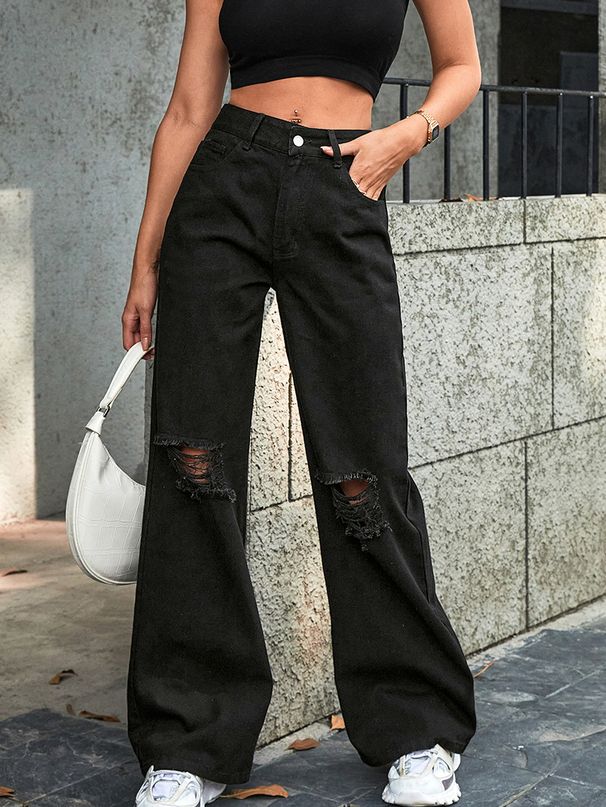 Women's Clothing Fashion Ripped High Waist Wide Leg Pants Casual Denim Trousers Trendy_mkmklike.com