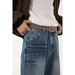 Men's Washed Distressed Straight Leg Jeans With Lightning Cat Whisker & Rivets, Retro Style Semi-Stretch Denim Pants For Casual Wear_mkmklike.com