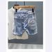 Men's Light Blue Distressed Denim Shorts Mid-Rise Straight-Leg Cutoff Patch Details Casual Summer Style Sizes 28-36_mkmklike.com